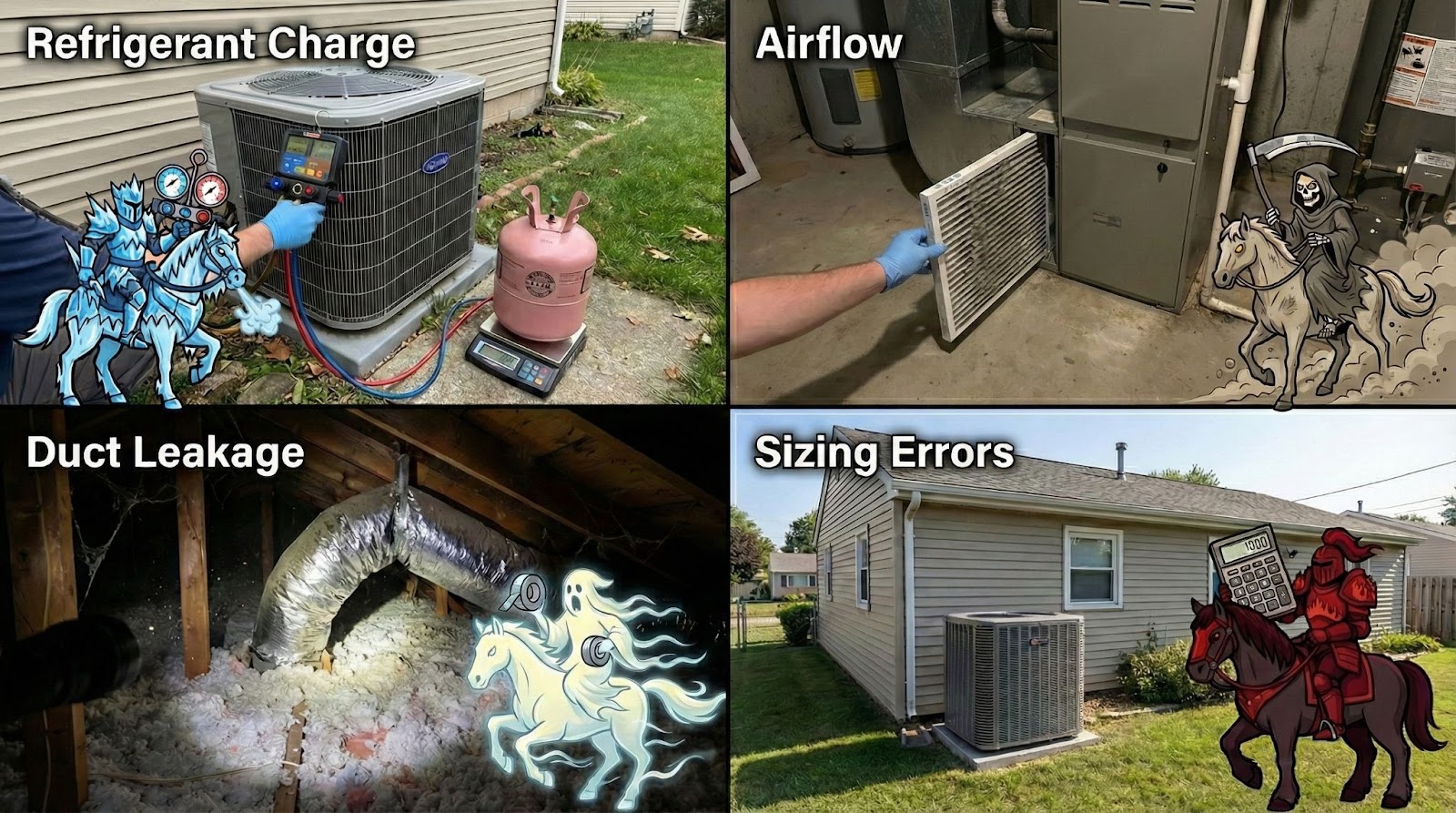 Four common heat pump installation faults: refrigerant charge, airflow, duct leakage, sizing